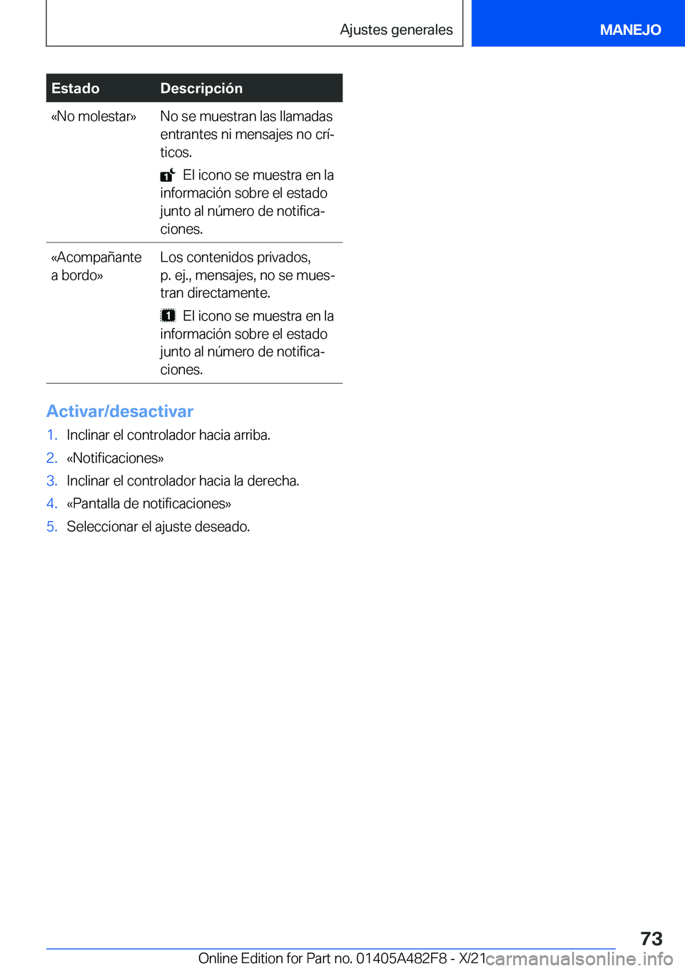 BMW X3 2022  Manuales de Empleo (in Spanish) �E�s�t�a�d�o�D�e�s�c�r�i�p�c�i�