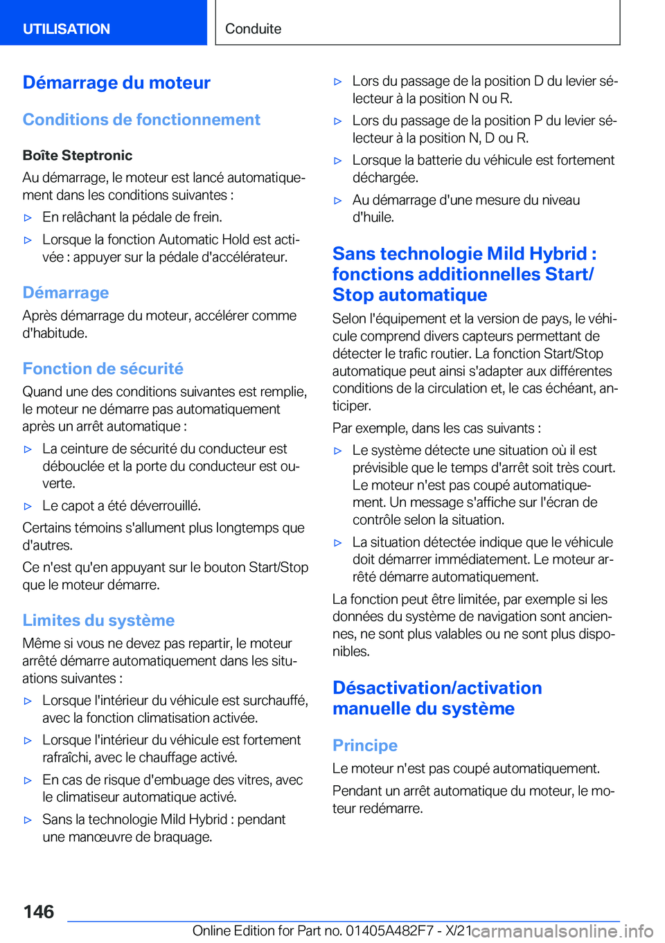 BMW X3 2022  Notices Demploi (in French) �D�é�m�a�r�r�a�g�e��d�u��m�o�t�e�u�r
�C�o�n�d�i�t�i�o�n�s��d�e��f�o�n�c�t�i�o�n�n�e�m�e�n�t �B�o�
