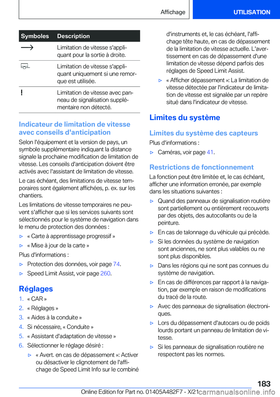 BMW X3 2022  Notices Demploi (in French) �S�y�m�b�o�l�e�s�D�e�s�c�r�i�p�t�i�o�n��L�i�m�i�t�a�t�i�o�n��d�e��v�i�t�e�s�s�e��s�'�a�p�p�l�ij
�q�u�a�n�t��p�o�u�r��l�a��s�o�r�t�i�e��