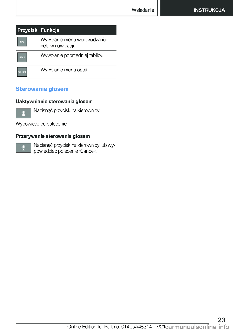 BMW X3 2022  Instrukcja obsługi (in Polish) �P�r�z�y�c�i�s�k�F�u�n�k�c�j�a�W�y�w�o�ł�a�n�i�e��m�e�n�u��w�p�r�o�w�a�d�z�a�n�i�a
�c�e�l�u��w��n�a�w�i�g�a�c�j�i�.�W�y�w�o�ł�a�n�i�e��p�o�p�r�z�e�d�n�i�e�j��t�a�b�l�i�c�y�.�W�y�w�o�ł�a�n�i�e