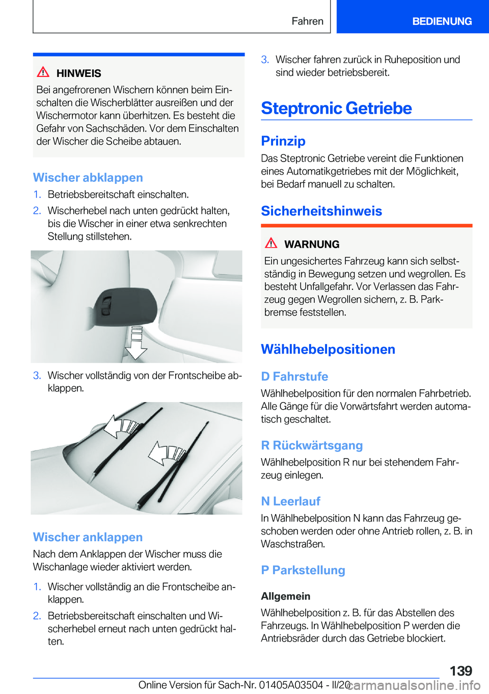 BMW X3 2020  Betriebsanleitungen (in German) �H�I�N�W�E�I�S
�B�e�i��a�n�g�e�f�r�o�r�e�n�e�n��W�i�s�c�h�e�r�n��k�