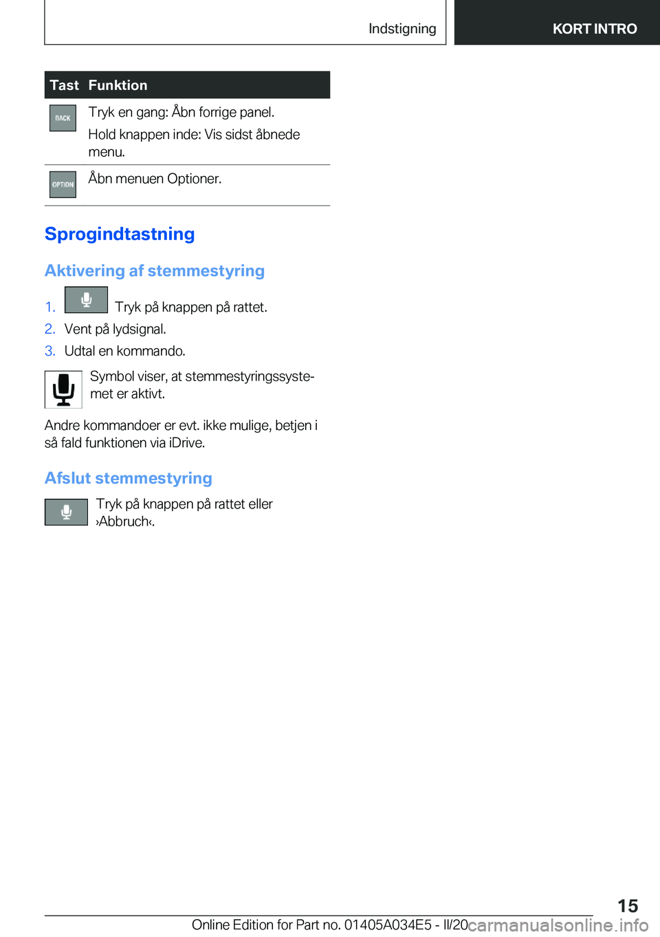 BMW X3 2020  InstruktionsbØger (in Danish) �T�a�s�t�F�u�n�k�t�i�o�n�T�r�y�k��e�n��g�a�n�g�:��Å�b�n��f�o�r�r�i�g�e��p�a�n�e�l�.
�H�o�l�d��k�n�a�p�p�e�n��i�n�d�e�:��V�i�s��s�i�d�s�t��å�b�n�e�d�e
�m�e�n�u�.�Å�b�n��m�e�n�u�e�n��O�p�