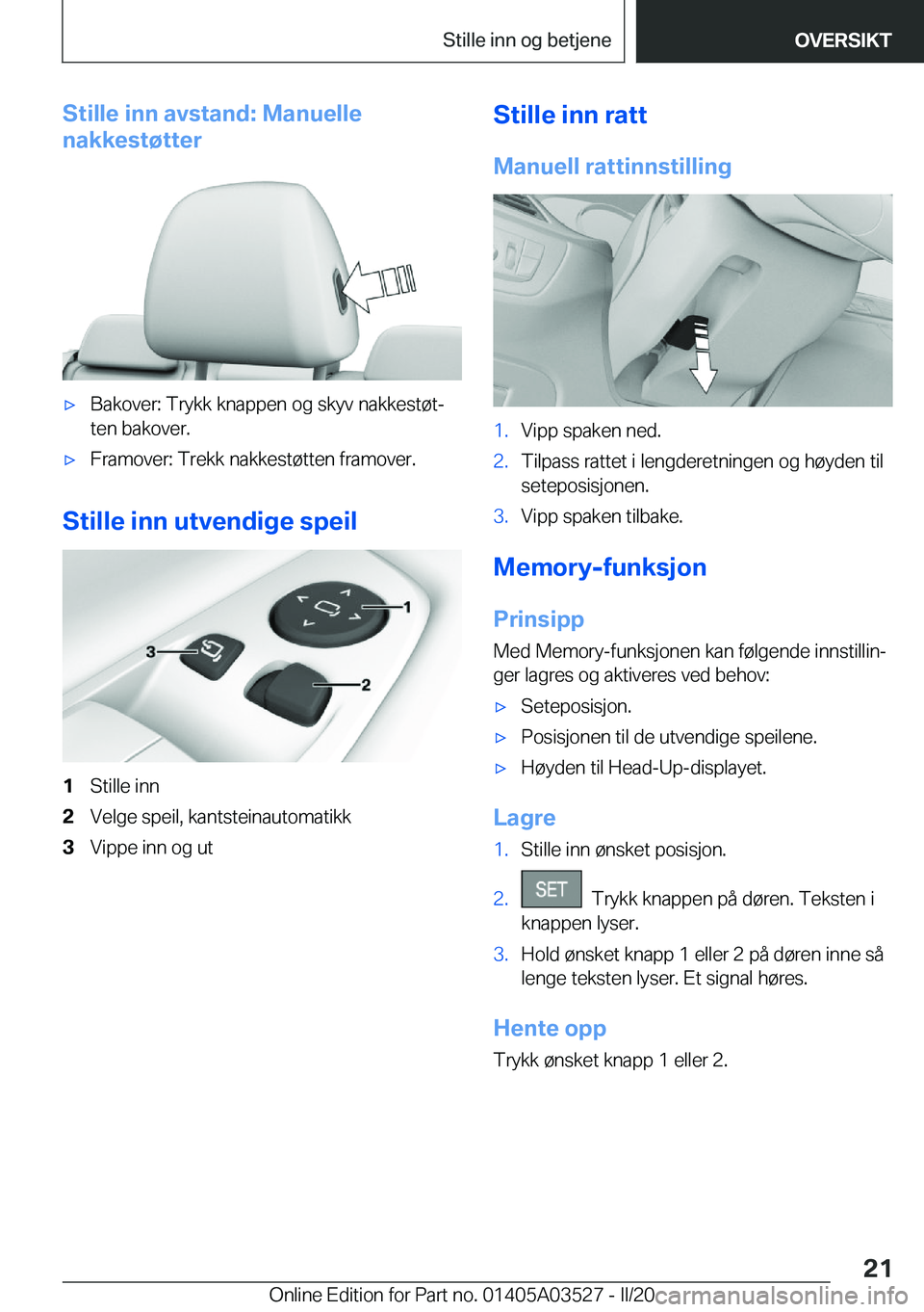 BMW X3 2020  InstruksjonsbØker (in Norwegian) �S�t�i�l�l�e��i�n�n��a�v�s�t�a�n�d�:��M�a�n�u�e�l�l�e
�n�a�k�k�e�s�t�