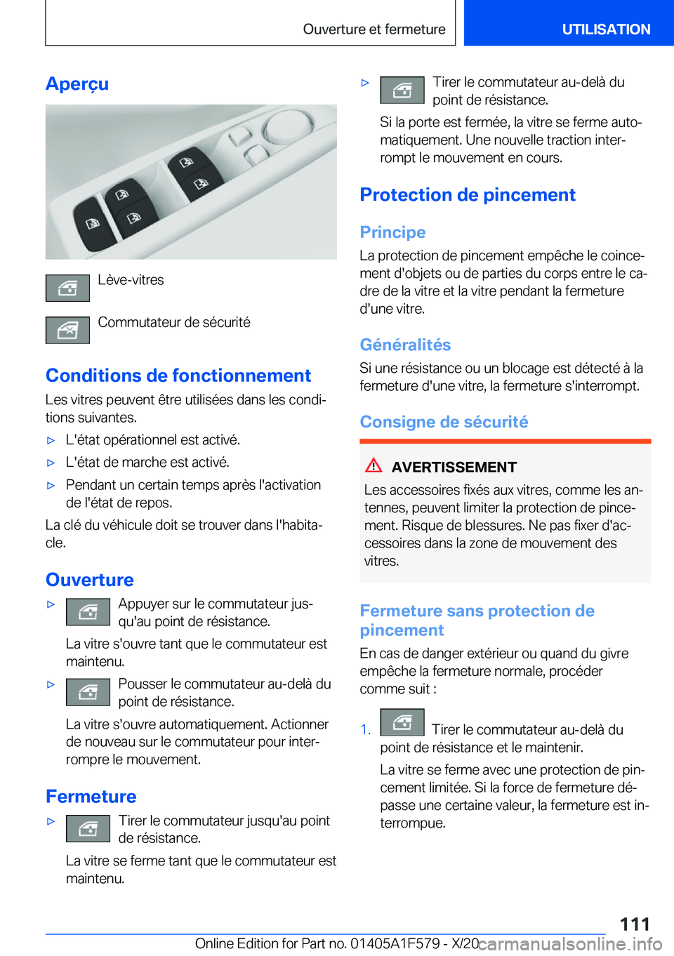 BMW X3 M 2021  Notices Demploi (in French) �A�p�e�r�ç�u
�L�è�v�e�-�v�i�t�r�e�s
�C�o�m�m�u�t�a�t�e�u�r��d�e��s�é�c�u�r�i�t�é
�C�o�n�d�i�t�i�o�n�s��d�e��f�o�n�c�t�i�o�n�n�e�m�e�n�t �L�e�s��v�i�t�r�e�s��p�e�u�v�e�n�t��ê�t�r�e��u�t�i�