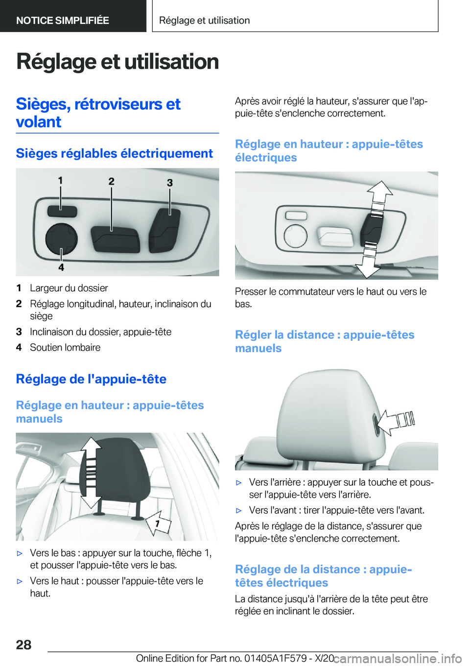 BMW X3 M 2021  Notices Demploi (in French) �R�é�g�l�a�g�e��e�t��u�t�i�l�i�s�a�t�i�o�n�S�i�è�g�e�s�,��r�é�t�r�o�v�i�s�e�u�r�s��e�t�v�o�l�a�n�t
�S�i�è�g�e�s��r�é�g�l�a�b�l�e�s��é�l�e�c�t�r�i�q�u�e�m�e�n�t
�1�L�a�r�g�e�u�r��d�u��d�o