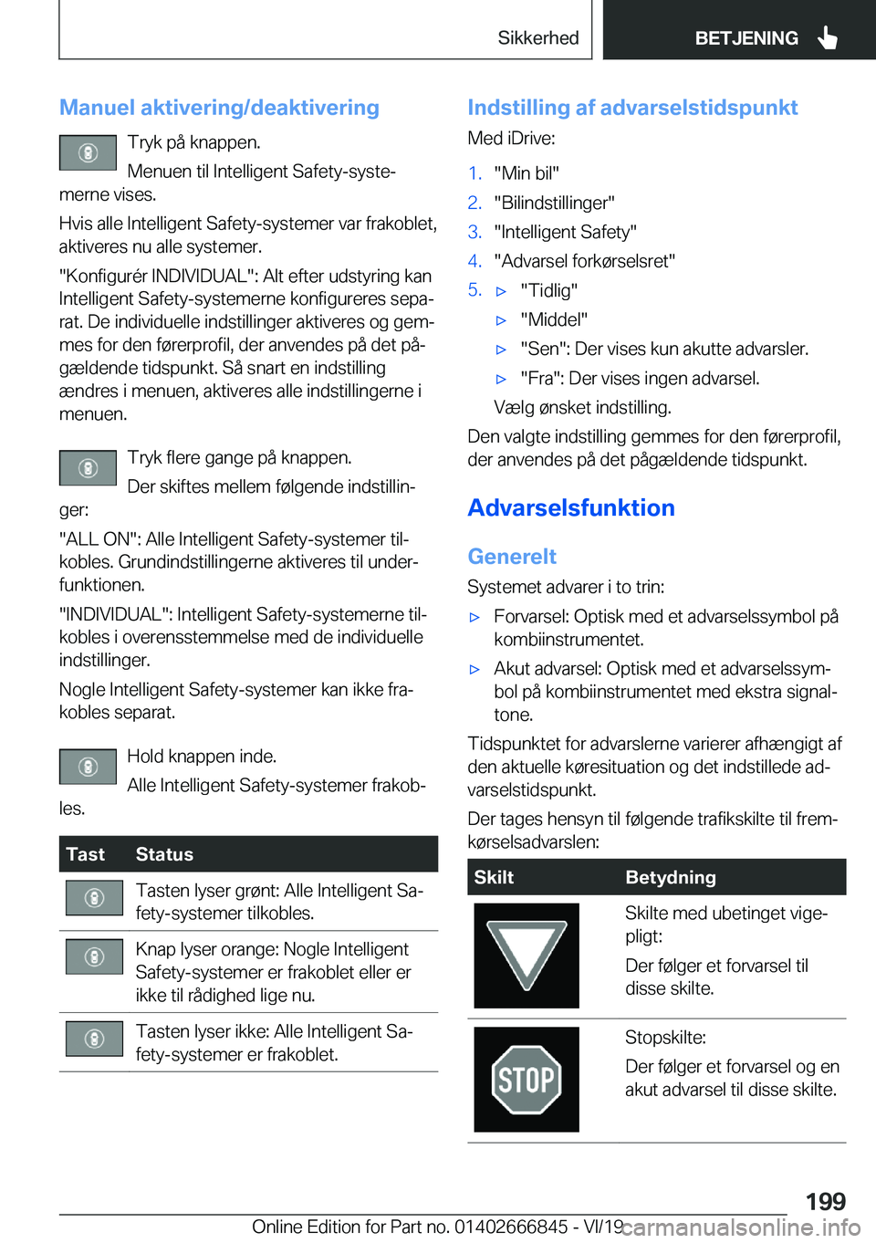 BMW X3 M 2020  InstruktionsbØger (in Danish) �M�a�n�u�e�l��a�k�t�i�v�e�r�i�n�g�/�d�e�a�k�t�i�v�e�r�i�n�g�T�r�y�k��p�å��k�n�a�p�p�e�n�.
�M�e�n�u�e�n��t�i�l��I�n�t�e�l�l�i�g�e�n�t��S�a�f�e�t�y�-�s�y�s�t�ej
�m�e�r�n�e��v�i�s�e�s�.
�H�v�i�s
