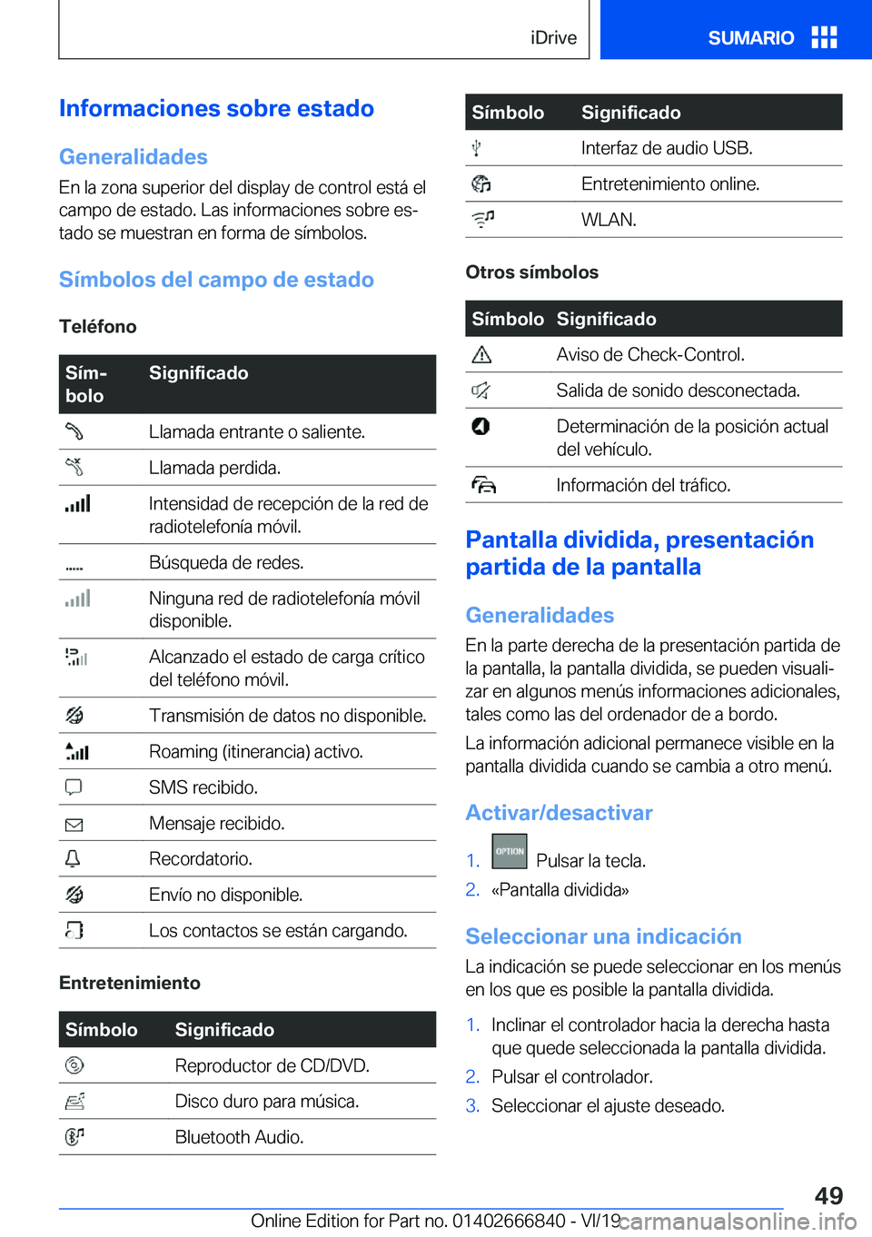 BMW X3 M 2020  Manuales de Empleo (in Spanish) �I�n�f�o�r�m�a�c�i�o�n�e�s��s�o�b�r�e��e�s�t�a�d�o
�G�e�n�e�r�a�l�i�d�a�d�e�s �E�n��l�a��z�o�n�a��s�u�p�e�r�i�o�r��d�e�l��d�i�s�p�l�a�y��d�e��c�o�n�t�r�o�l��e�s�t�