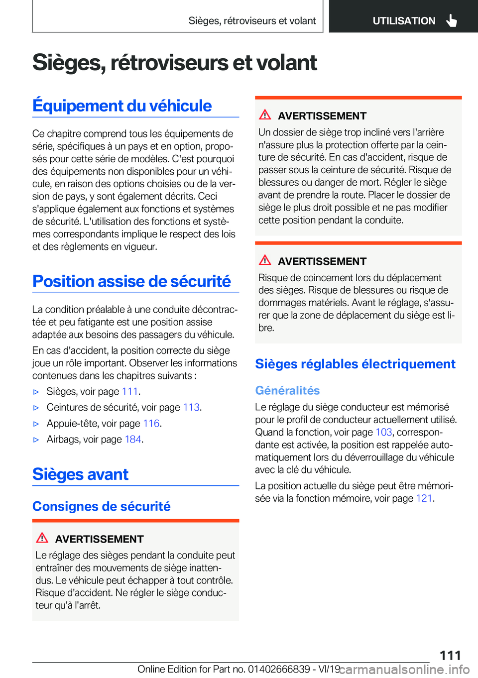 BMW X3 M 2020  Notices Demploi (in French) �S�i�è�g�e�s�,��r�é�t�r�o�v�i�s�e�u�r�s��e�t��v�o�l�a�n�t�