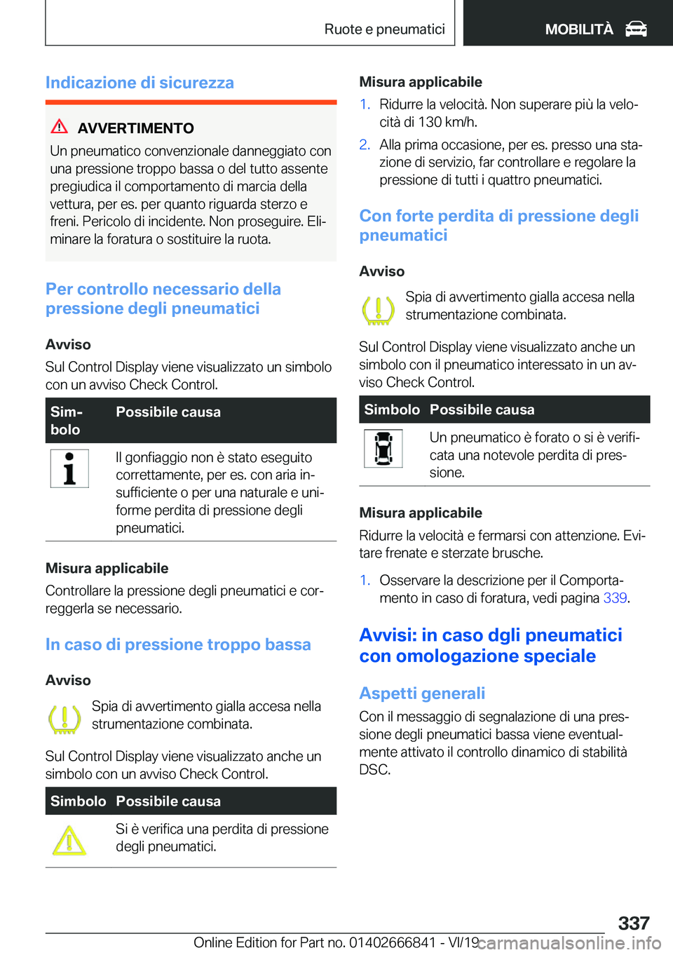 BMW X3 M 2020  Libretti Di Uso E manutenzione (in Italian) �I�n�d�i�c�a�z�i�o�n�e��d�i��s�i�c�u�r�e�z�z�a
�A�V�V�E�R�T�I�M�E�N�T�O
�U�n��p�n�e�u�m�a�t�i�c�o��c�o�n�v�e�n�z�i�o�n�a�l�e��d�a�n�n�e�g�g�i�a�t�o��c�o�n
�u�n�a��p�r�e�s�s�i�o�n�e��t�r�o�p�p�