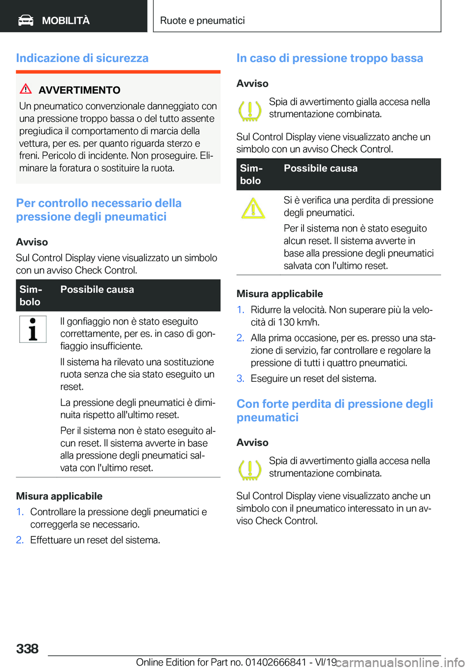 BMW X3 M 2020  Libretti Di Uso E manutenzione (in Italian) �I�n�d�i�c�a�z�i�o�n�e��d�i��s�i�c�u�r�e�z�z�a
�A�V�V�E�R�T�I�M�E�N�T�O
�U�n��p�n�e�u�m�a�t�i�c�o��c�o�n�v�e�n�z�i�o�n�a�l�e��d�a�n�n�e�g�g�i�a�t�o��c�o�n
�u�n�a��p�r�e�s�s�i�o�n�e��t�r�o�p�p�