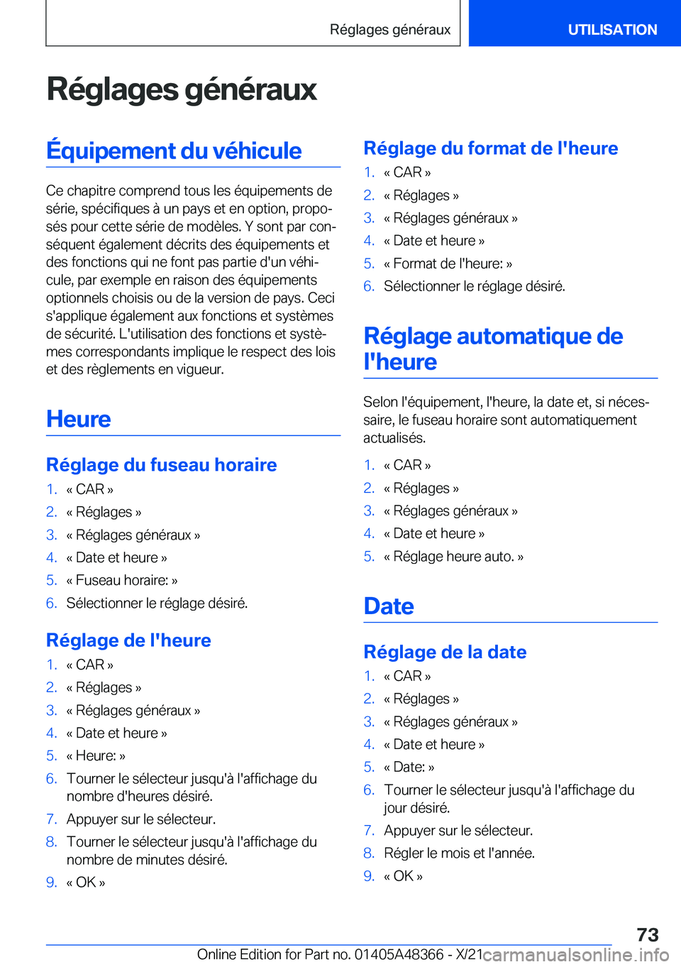 BMW X4 2022  Notices Demploi (in French) �R�é�g�l�a�g�e�s��g�é�n�é�r�a�u�x�