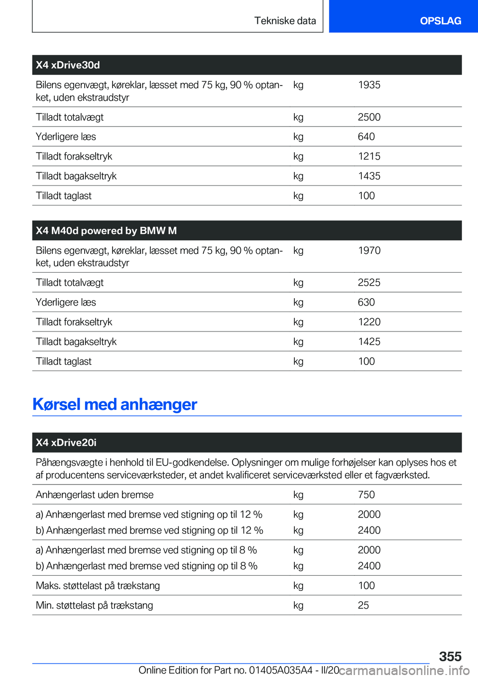 BMW X4 2020  InstruktionsbØger (in Danish) �X�4��x�D�r�i�v�e�3�0�d�B�i�l�e�n�s��e�g�e�n�v�æ�g�t�,��k�