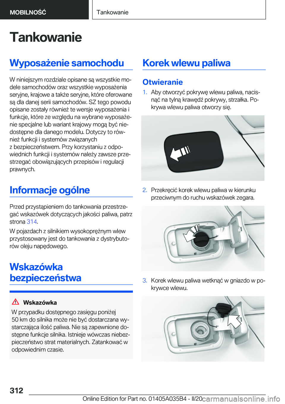 BMW X4 2020  Instrukcja obsługi (in Polish) �T�a�n�k�o�w�a�n�i�e�W�y�p�o�s�a9�e�n�i�e��s�a�m�o�c�h�o�d�u
�W��n�i�n�i�e�j�s�z�y�m��r�o�z�d�z�i�a�l�e��o�p�i�s�a�n�e��s�
