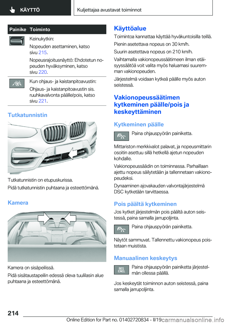 BMW X4 2019  Omistajan Käsikirja (in Finnish) �P�a�i�n�i�k�e�T�o�i�m�i�n�t�o�K�e�i�n�u�k�y�t�k�i�n�:
�N�o�p�e�u�d�e�n��a�s�e�t�t�a�m�i�n�e�n�,��k�a�t�s�o
�s�i�v�u� �2�1�5�.
�N�o�p�e�u�s�r�a�j�o�i�t�u�s�n�