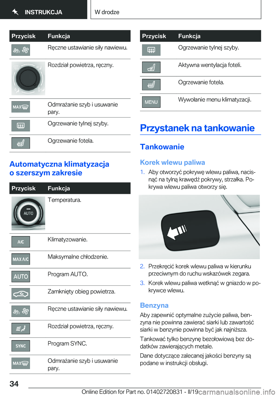 BMW X4 2019  Instrukcja obsługi (in Polish) �P�r�z�y�c�i�s�k�F�u�n�k�c�j�a�R�