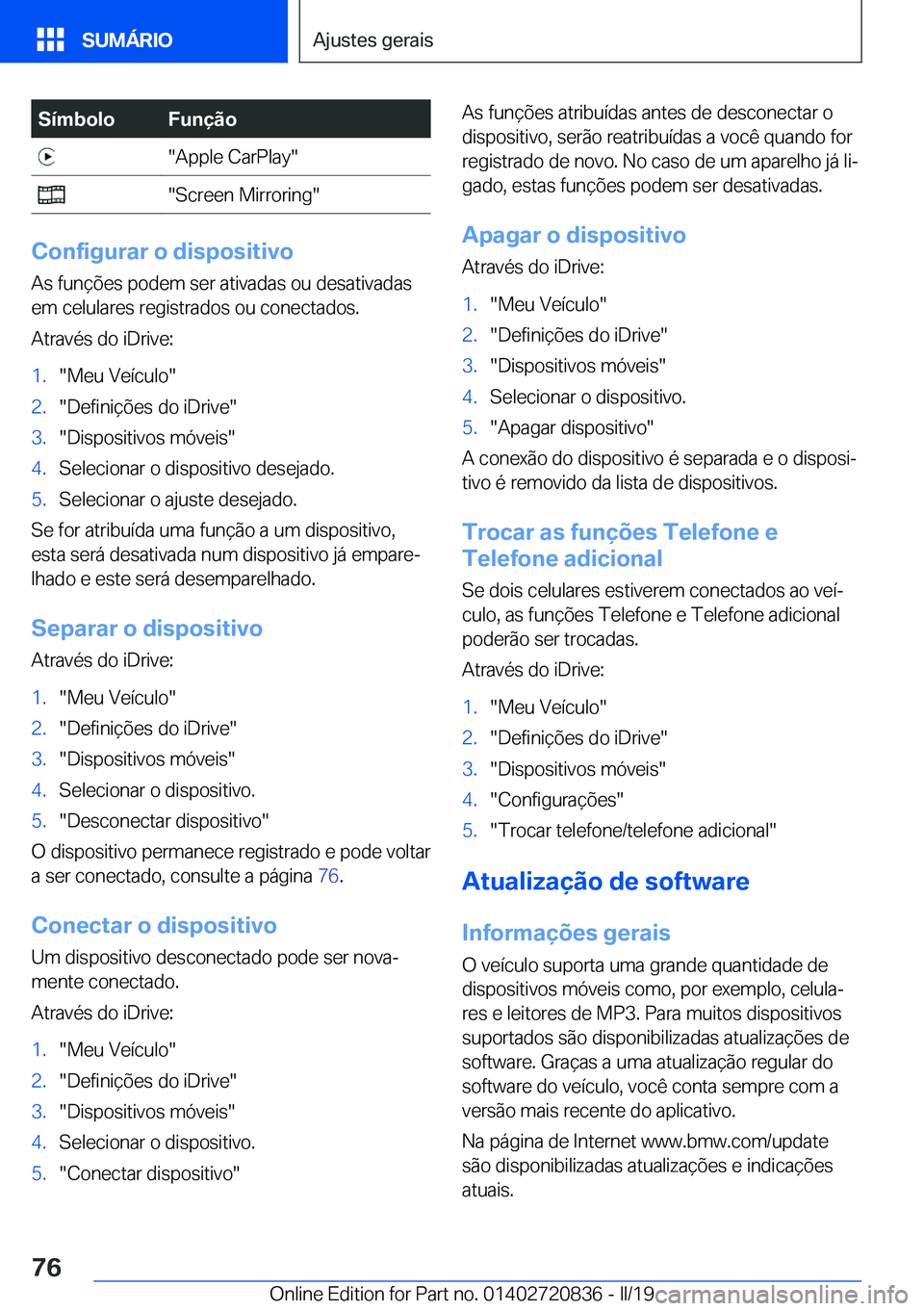 BMW X4 2019  Manual do condutor (in Portuguese) �S�