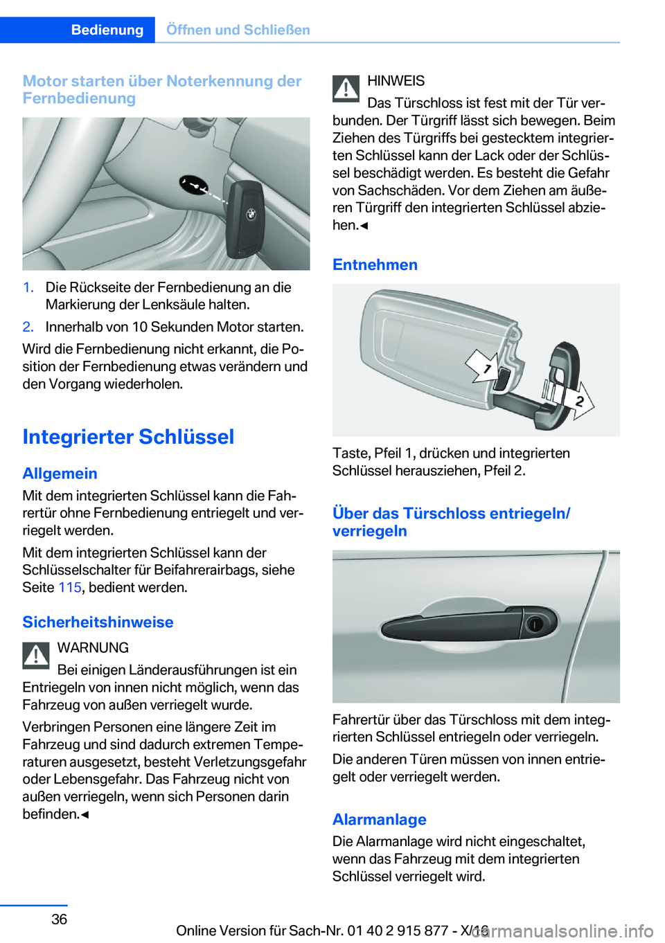 BMW X4 2017  Betriebsanleitungen (in German) �M�o�t�o�r��s�t�a�r�t�e�n��