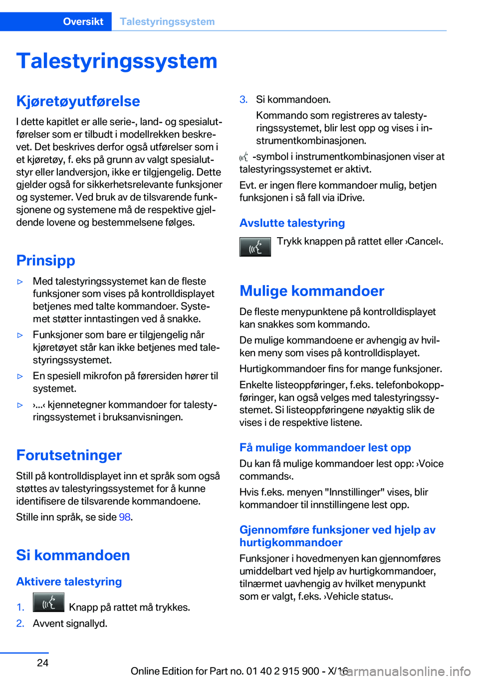 BMW X4 2017  InstruksjonsbØker (in Norwegian) �T�a�l�e�s�t�y�r�i�n�g�s�s�y�s�t�e�m�K�j�