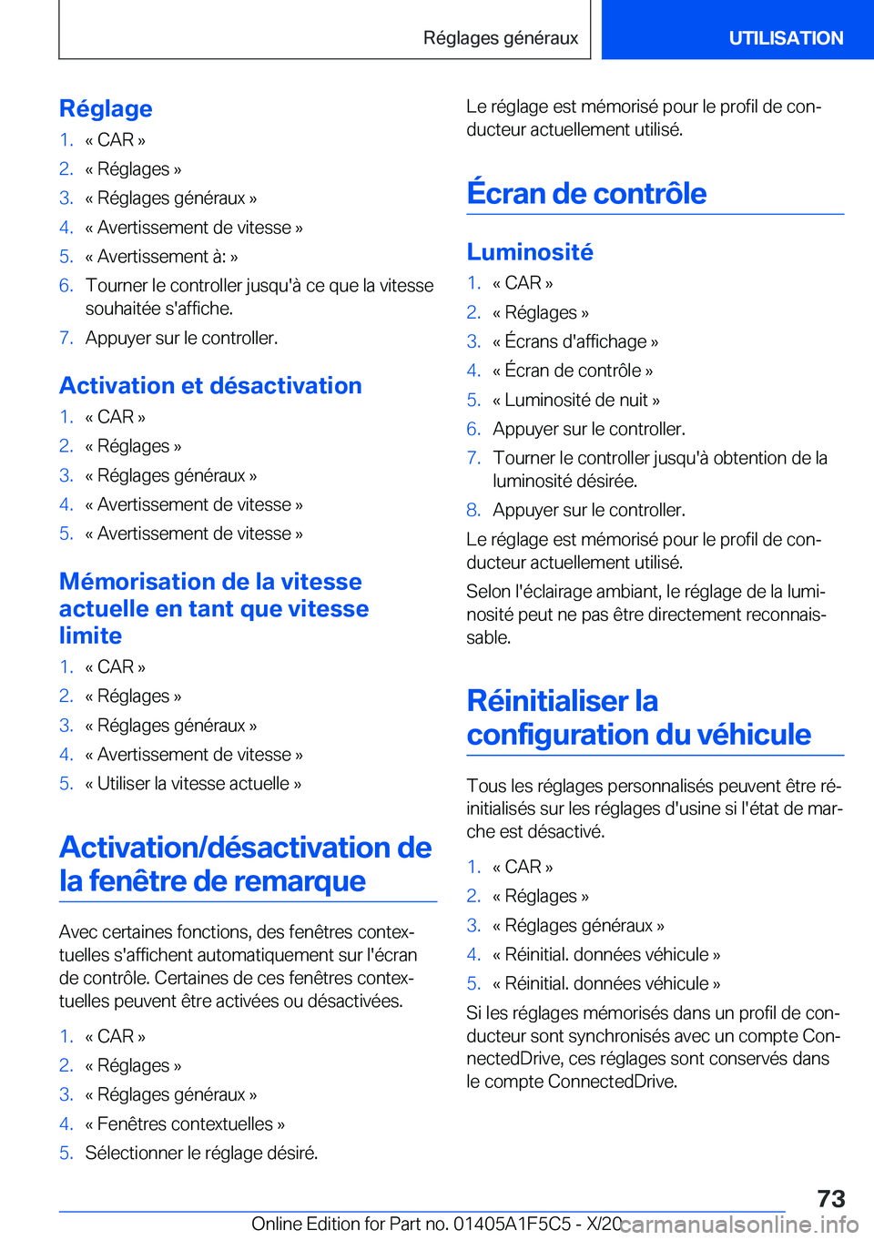 BMW X4 M 2021  Notices Demploi (in French) �R�é�g�l�a�g�e�1�.�k��C�A�R��{�2�.�k��R�é�g�l�a�g�e�s��{�3�.�k��R�é�g�l�a�g�e�s��g�é�n�é�r�a�u�x��{�4�.�k��A�v�e�r�t�i�s�s�e�m�e�n�t��d�e��v�i�t�e�s�s�e��{�5�.�k��A�v�e�r�t�i�s�s�e�m�