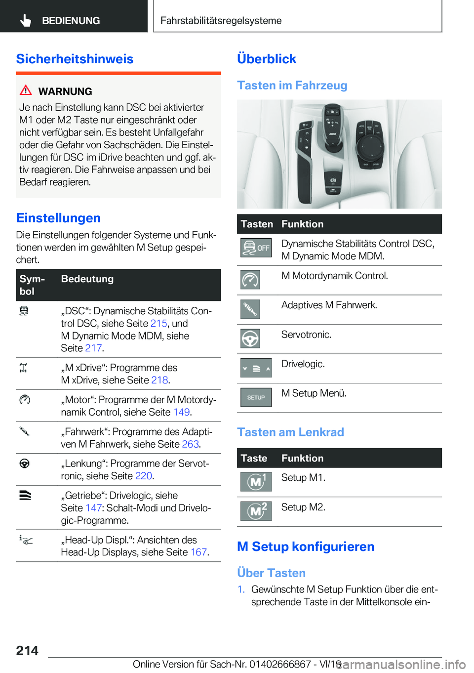 BMW X4 M 2020  Betriebsanleitungen (in German) �S�i�c�h�e�r�h�e�i�t�s�h�i�n�w�e�i�s
�W�A�R�N�U�N�G
�J�e��n�a�c�h��E�i�n�s�t�e�l�l�u�n�g��k�a�n�n��D�S�C��b�e�i��a�k�t�i�v�i�e�r�t�e�r �M�1��o�d�e�r��M�2��T�a�s�t�e��n�u�r��e�i�n�g�e�s�c�h�