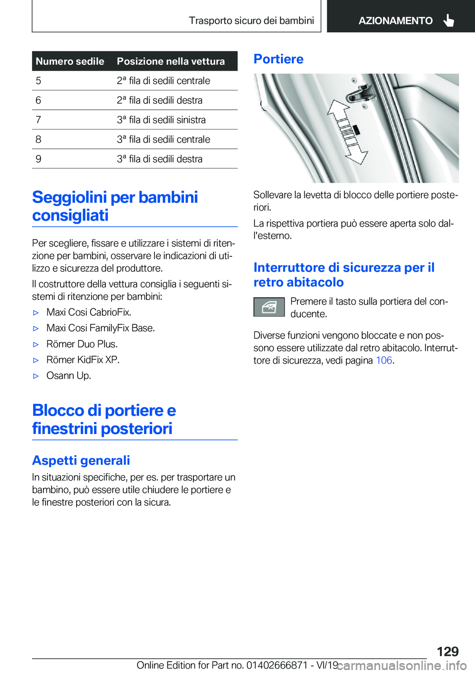 BMW X4 M 2020  Libretti Di Uso E manutenzione (in Italian) �N�u�m�e�r�o��s�e�d�i�l�e�P�o�s�i�z�i�o�n�e��n�e�l�l�a��v�e�t�t�u�r�a�5�2�ª��f�i�l�a��d�i��s�e�d�i�l�i��c�e�n�t�r�a�l�e�6�2�ª��f�i�l�a��d�i��s�e�d�i�l�i��d�e�s�t�r�a�7�3�ª��f�i�l�a��d�