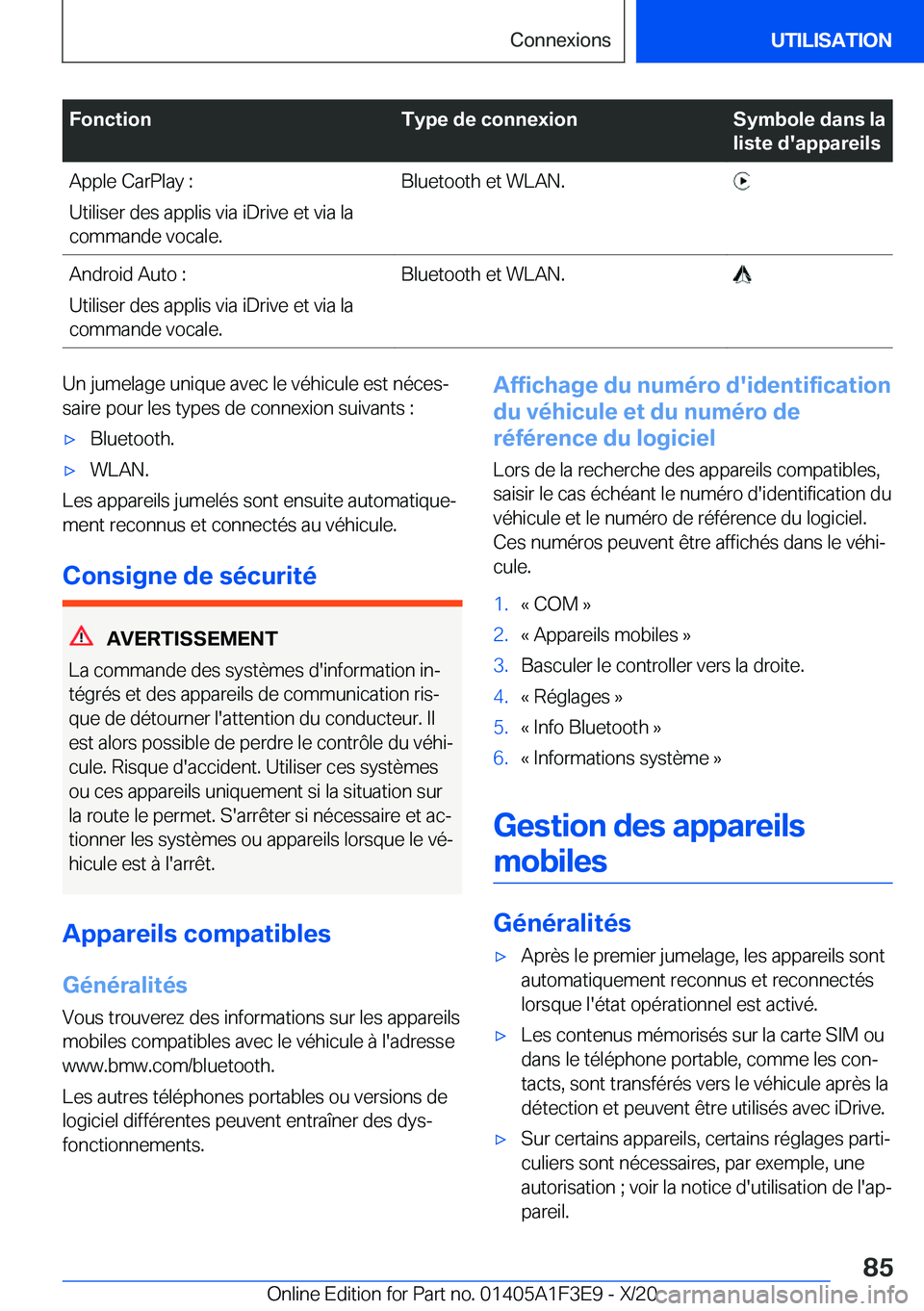 BMW X5 2021  Notices Demploi (in French) �F�o�n�c�t�i�o�n�T�y�p�e��d�e��c�o�n�n�e�x�i�o�n�S�y�m�b�o�l�e��d�a�n�s��l�a
�l�i�s�t�e��d�'�a�p�p�a�r�e�i�l�s�A�p�p�l�e��C�a�r�P�l�a�y��:
�U�t�i�l�i�s�e�r��d�e�s��a�p�p�l�i�s��v�i�a��i