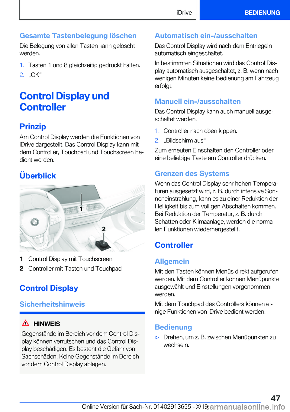 BMW X5 2020  Betriebsanleitungen (in German) �G�e�s�a�m�t�e��T�a�s�t�e�n�b�e�l�e�g�u�n�g��l�