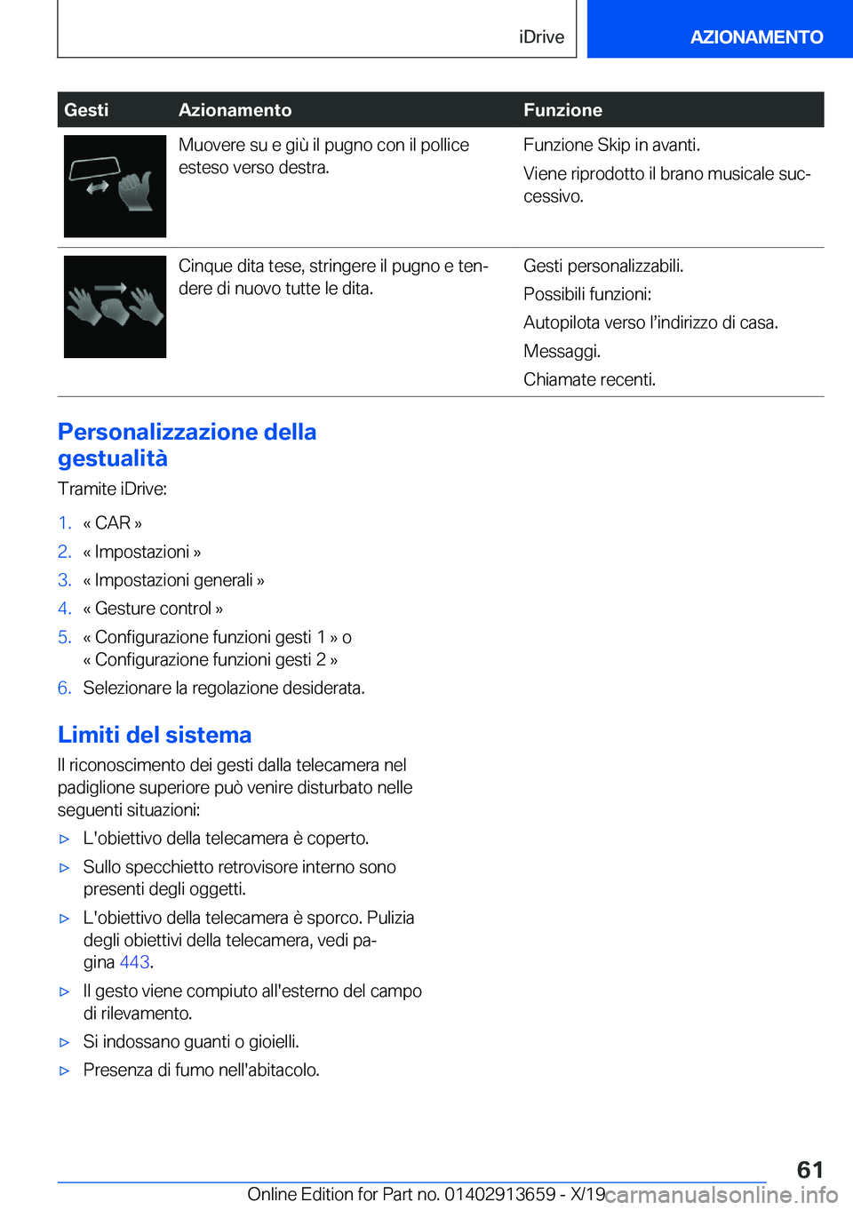BMW X5 2020  Libretti Di Uso E manutenzione (in Italian) �G�e�s�t�i�A�z�i�o�n�a�m�e�n�t�o�F�u�n�z�i�o�n�e�M�u�o�v�e�r�e��s�u��e��g�i�