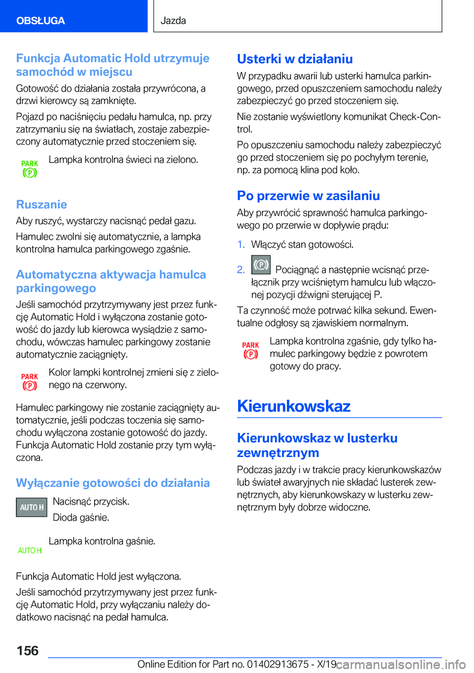 BMW X5 2020  Instrukcja obsługi (in Polish) �F�u�n�k�c�j�a��A�u�t�o�m�a�t�i�c��H�o�l�d��u�t�r�z�y�m�u�j�e
�s�a�m�o�c�h�