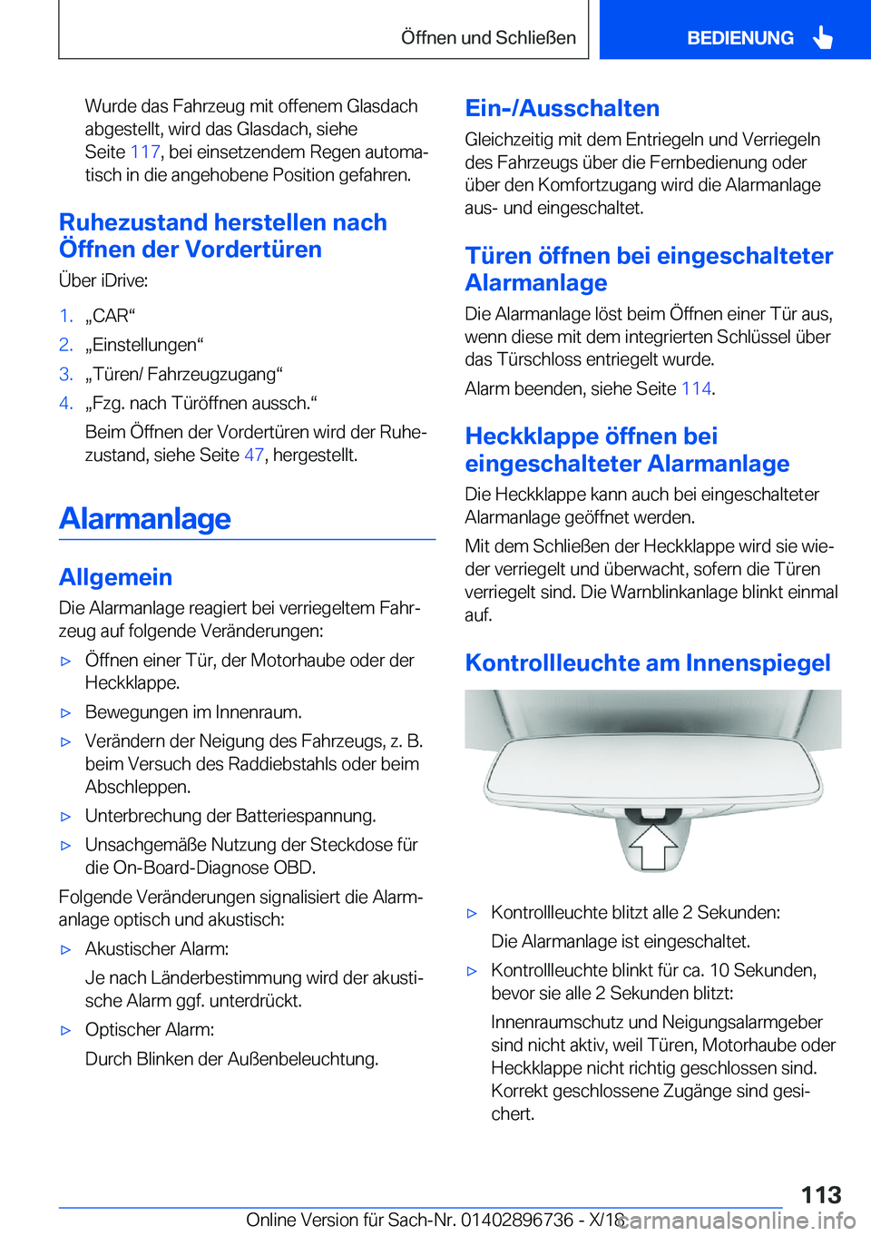 BMW X5 2019  Betriebsanleitungen (in German) �W�u�r�d�e��d�a�s��F�a�h�r�z�e�u�g��m�i�t��o�f�f�e�n�e�m��G�l�a�s�d�a�c�h�a�b�g�e�s�t�e�l�l�t�,��w�i�r�d��d�a�s��G�l�a�s�d�a�c�h�,��s�i�e�h�e
�S�e�i�t�e� �1�1�7�,��b�e�i��e�i�n�s�e�t�z�e�n