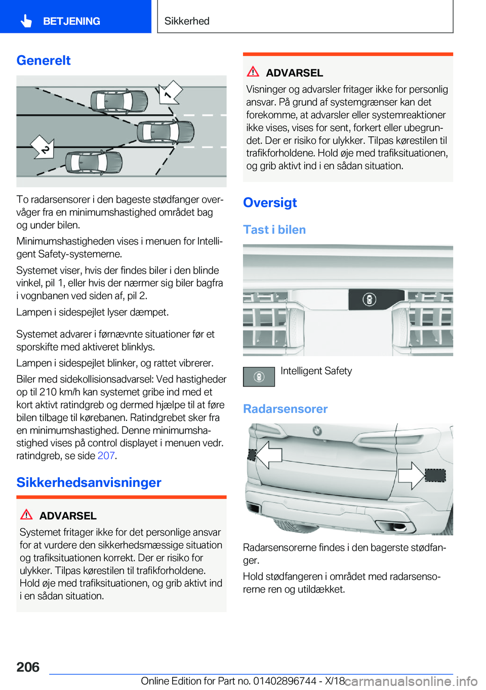 BMW X5 2019  InstruktionsbØger (in Danish) �G�e�n�e�r�e�l�t
�T�o��r�a�d�a�r�s�e�n�s�o�r�e�r��i��d�e�n��b�a�g�e�s�t�e��s�t�