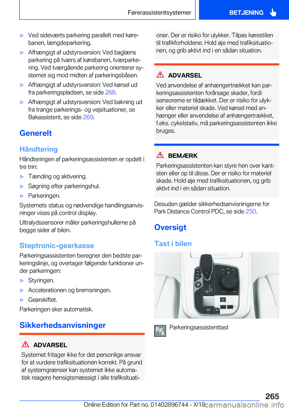 BMW X5 2019  InstruktionsbØger (in Danish) 'x�V�e�d��s�i�d�e�v�æ�r�t�s��p�a�r�k�e�r�i�n�g��p�a�r�a�l�l�e�l�t��m�e�d��k�