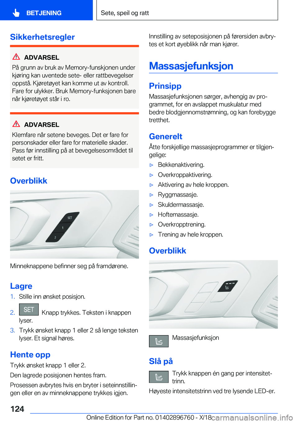 BMW X5 2019  InstruksjonsbØker (in Norwegian) �S�i�k�k�e�r�h�e�t�s�r�e�g�l�e�r
�A�D�V�A�R�S�E�L
�P�å��g�r�u�n�n��a�v��b�r�u�k��a�v��M�e�m�o�r�y�-�f�u�n�s�k�j�o�n�e�n��u�n�d�e�r
�k�j�