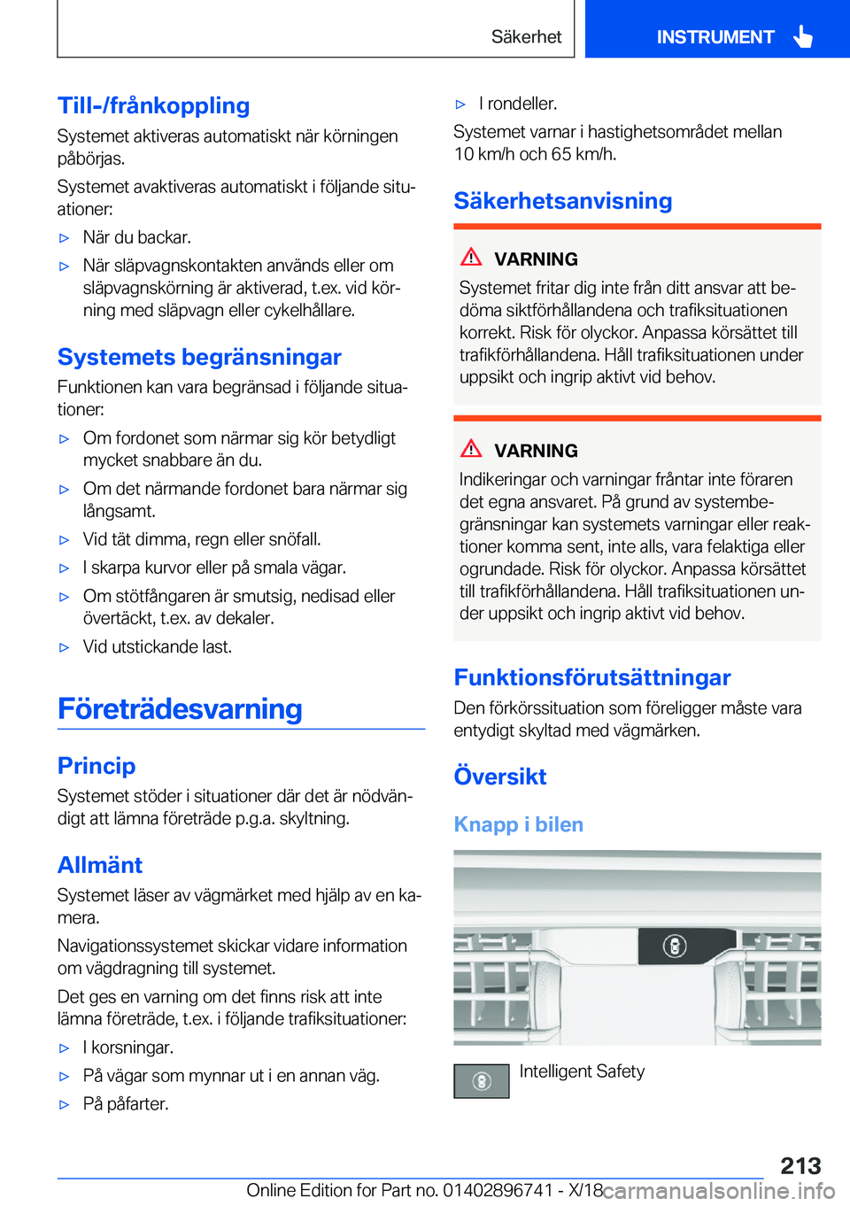 BMW X5 2019  InstruktionsbÖcker (in Swedish) �T�i�l�l�-�/�f�r�å�n�k�o�p�p�l�i�n�g�S�y�s�t�e�m�e�t��a�k�t�i�v�e�r�a�s��a�u�t�o�m�a�t�i�s�k�t��n�ä�r��k�