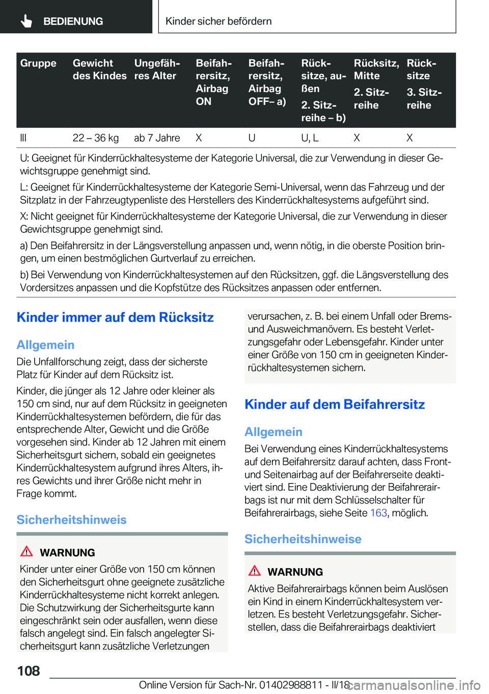 BMW X5 2018  Betriebsanleitungen (in German) �G�r�u�p�p�e�G�e�w�i�c�h�t
�d�e�s��K�i�n�d�e�s�U�n�g�e�f�