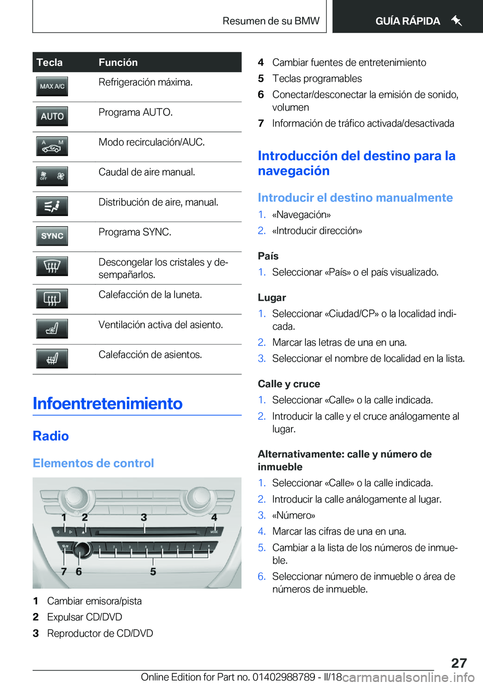 BMW X5 2018  Manuales de Empleo (in Spanish) �T�e�c�l�a�F�u�n�c�i�
