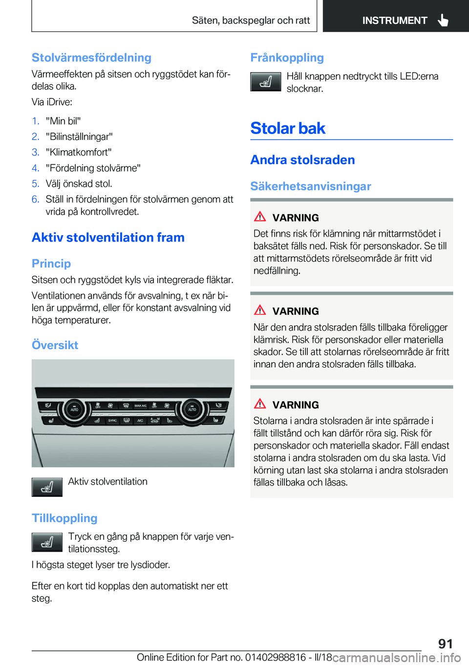 BMW X5 2018  InstruktionsbÖcker (in Swedish) �S�t�o�l�v�ä�r�m�e�s�f�