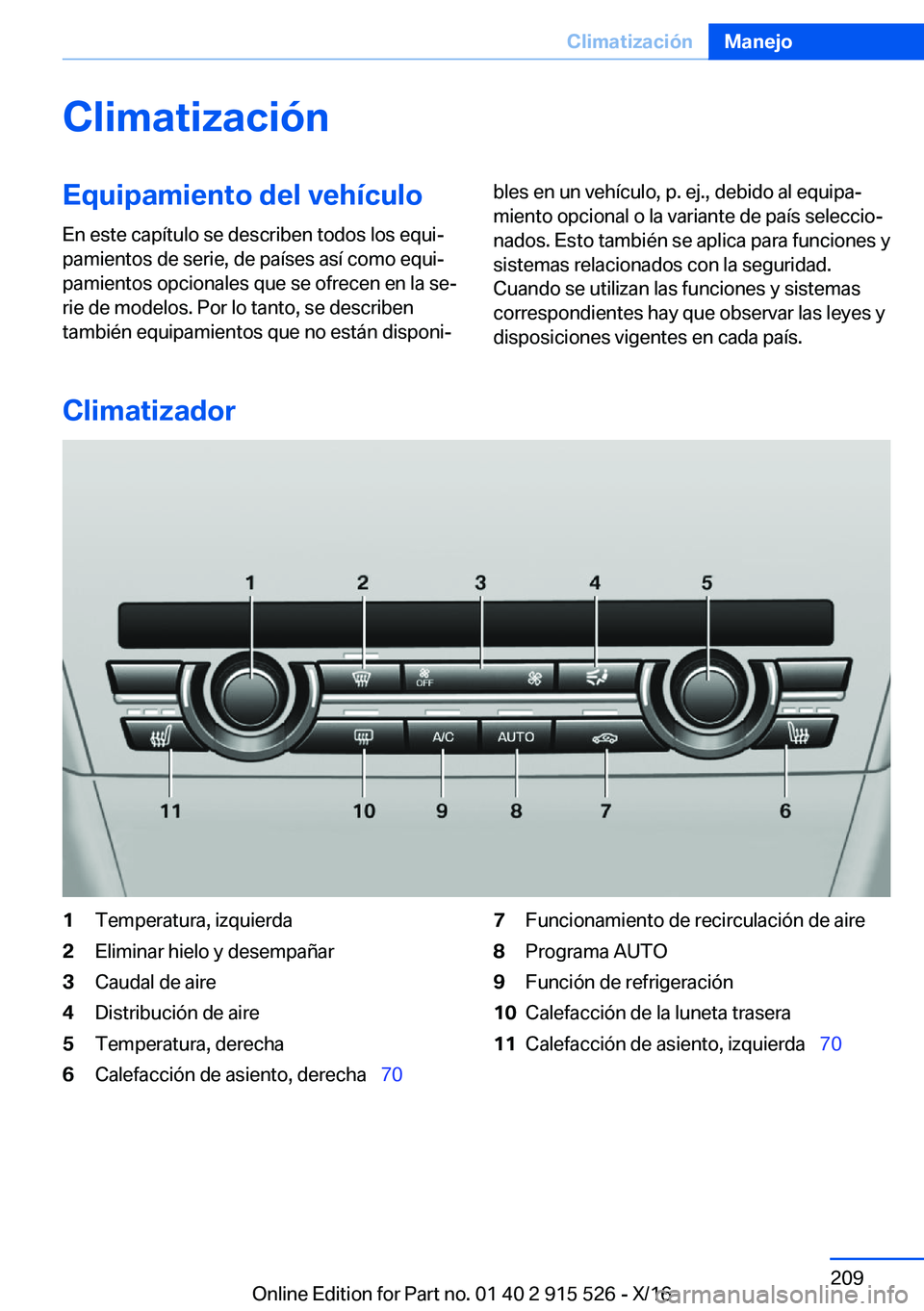 BMW X5 2017  Manuales de Empleo (in Spanish) �C�l�i�m�a�t�i�z�a�c�i�