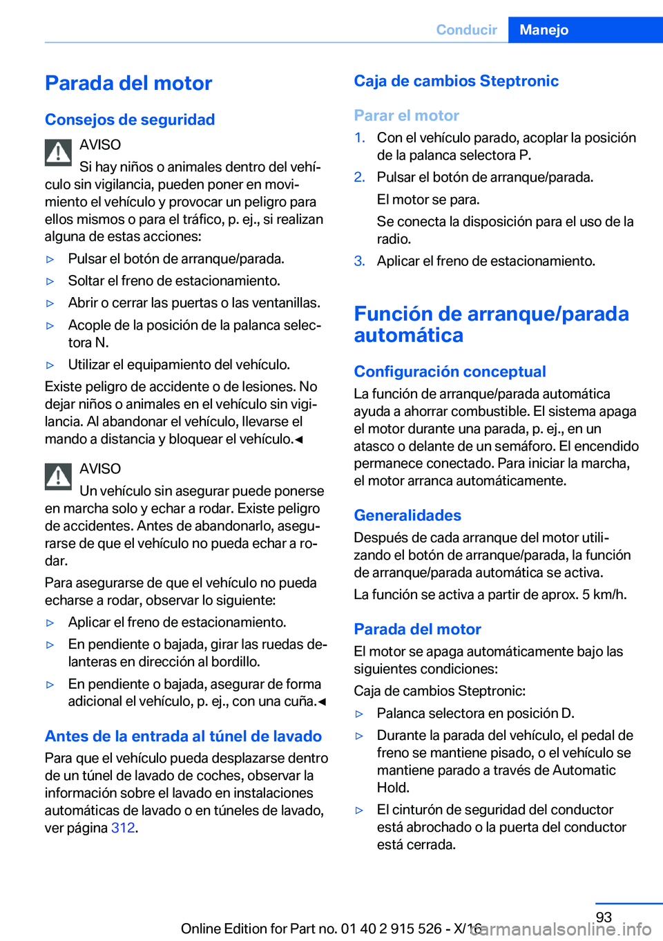 BMW X5 2017  Manuales de Empleo (in Spanish) �P�a�r�a�d�a��d�e�l��m�o�t�o�r
�C�o�n�s�e�j�o�s��d�e��s�e�g�u�r�i�d�a�d �A�V�I�S�O
�S�i� �h�a�y� �n�i�
