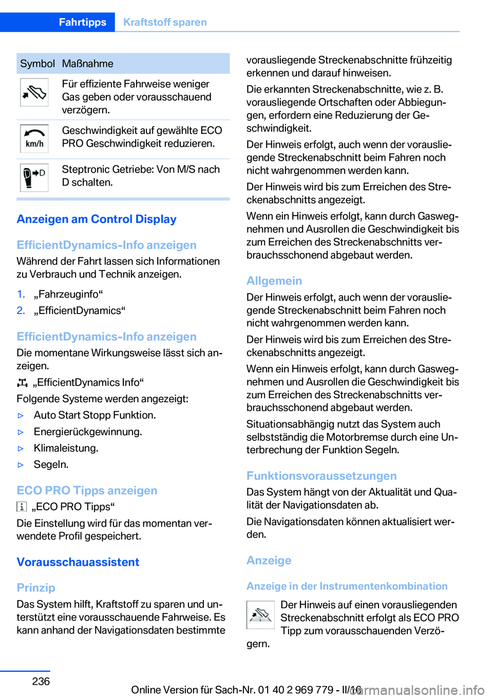 BMW X5 2016  Betriebsanleitungen (in German) SymbolMaßnahmeFür effiziente Fahrweise weniger
Gas geben oder vorausschauend
verzögern.Geschwindigkeit auf gewählte ECO
PRO Geschwindigkeit reduzieren.Steptronic Getriebe: Von M/S nach
D schalten.