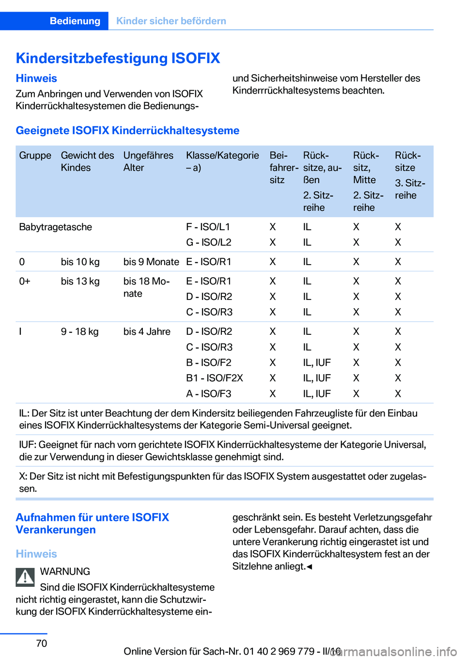 BMW X5 2016  Betriebsanleitungen (in German) Kindersitzbefestigung ISOFIXHinweis
Zum Anbringen und Verwenden von ISOFIX
Kinderrückhaltesystemen die Bedienungs-und Sicherheitshinweise vom Hersteller des
Kinderrrückhaltesystems beachten.
Geeigne