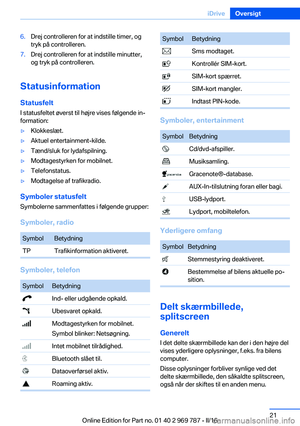 BMW X5 2016  InstruktionsbØger (in Danish) 6.Drej controlleren for at indstille timer, og
tryk på controlleren.7.Drej controlleren for at indstille minutter,
og tryk på controlleren.
Statusinformation
StatusfeltI statusfeltet øverst til hø