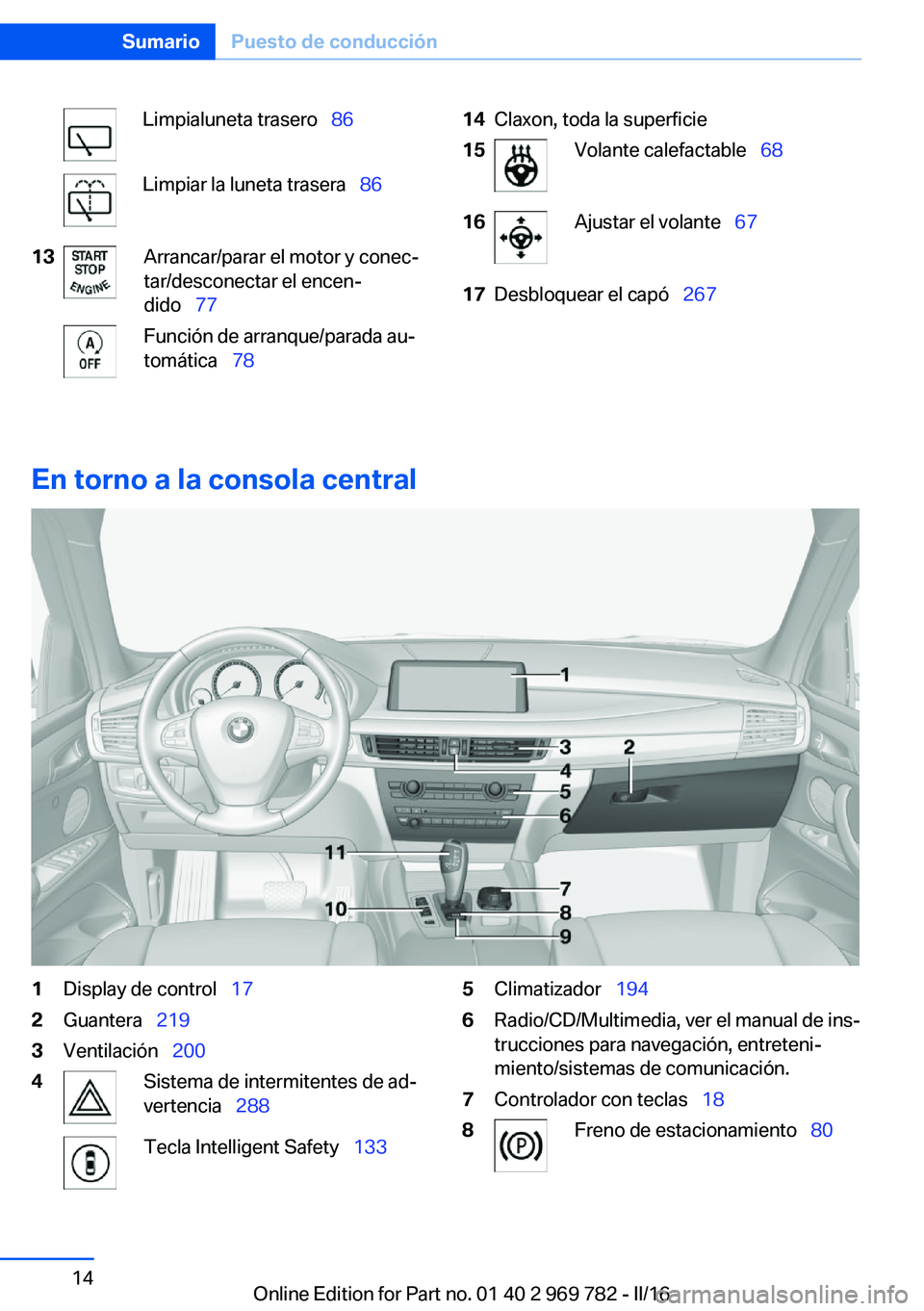 BMW X5 2016  Manuales de Empleo (in Spanish) Limpialuneta trasero  86Limpiar la luneta trasera   8613Arrancar/parar el motor y conec‐
tar/desconectar el encen‐
dido   77Función de arranque/parada au‐
tomática   7814Claxon