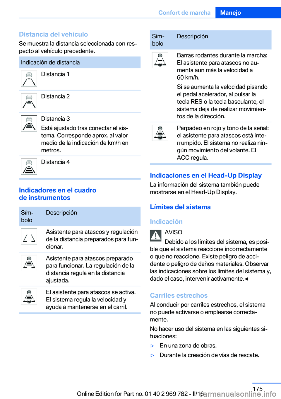 BMW X5 2016 Manuales de Empleo (in Spanish) Distancia del vehículo
Se muestra la distancia seleccionada con res‐
pecto al vehículo precedente.Indicación de distanciaDistancia 1Distancia 2Distancia 3
Está ajustado tras conectar el sis‐
t BMW X5 2016 Manuales de Empleo (in Spanish) Distancia del vehículo
Se muestra la distancia seleccionada con res‐
pecto al vehículo precedente.Indicación de distanciaDistancia 1Distancia 2Distancia 3
Está ajustado tras conectar el sis‐
t
