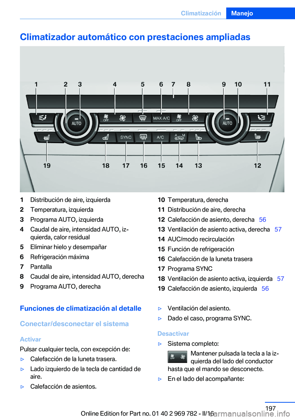 BMW X5 2016 Manuales de Empleo (in Spanish) Climatizador automático con prestaciones ampliadas1Distribución de aire, izquierda2Temperatura, izquierda3Programa AUTO, izquierda4Caudal de aire, intensidad AUTO, iz‐
quierda, calor residual5Elim BMW X5 2016 Manuales de Empleo (in Spanish) Climatizador automático con prestaciones ampliadas1Distribución de aire, izquierda2Temperatura, izquierda3Programa AUTO, izquierda4Caudal de aire, intensidad AUTO, iz‐
quierda, calor residual5Elim