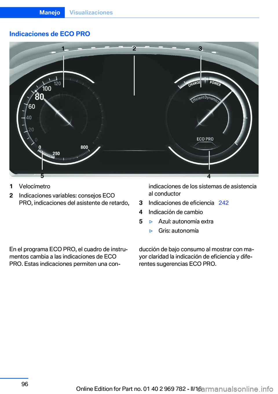 BMW X5 2016  Manuales de Empleo (in Spanish) Indicaciones de ECO PRO1Velocímetro2Indicaciones variables: consejos ECO
PRO, indicaciones del asistente de retardo,indicaciones de los sistemas de asistencia
al conductor3Indicaciones de eficiencia