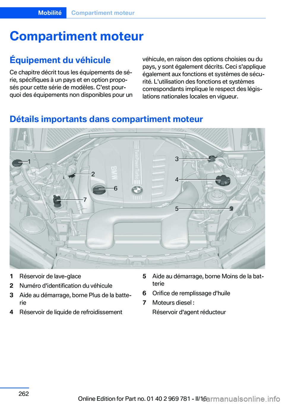 BMW X5 2016  Notices Demploi (in French) Compartiment moteurÉquipement du véhiculeCe chapitre décrit tous les équipements de sé‐
rie, spécifiques à un pays et en option propo‐
sés pour cette série de modèles. C'est pour‐
