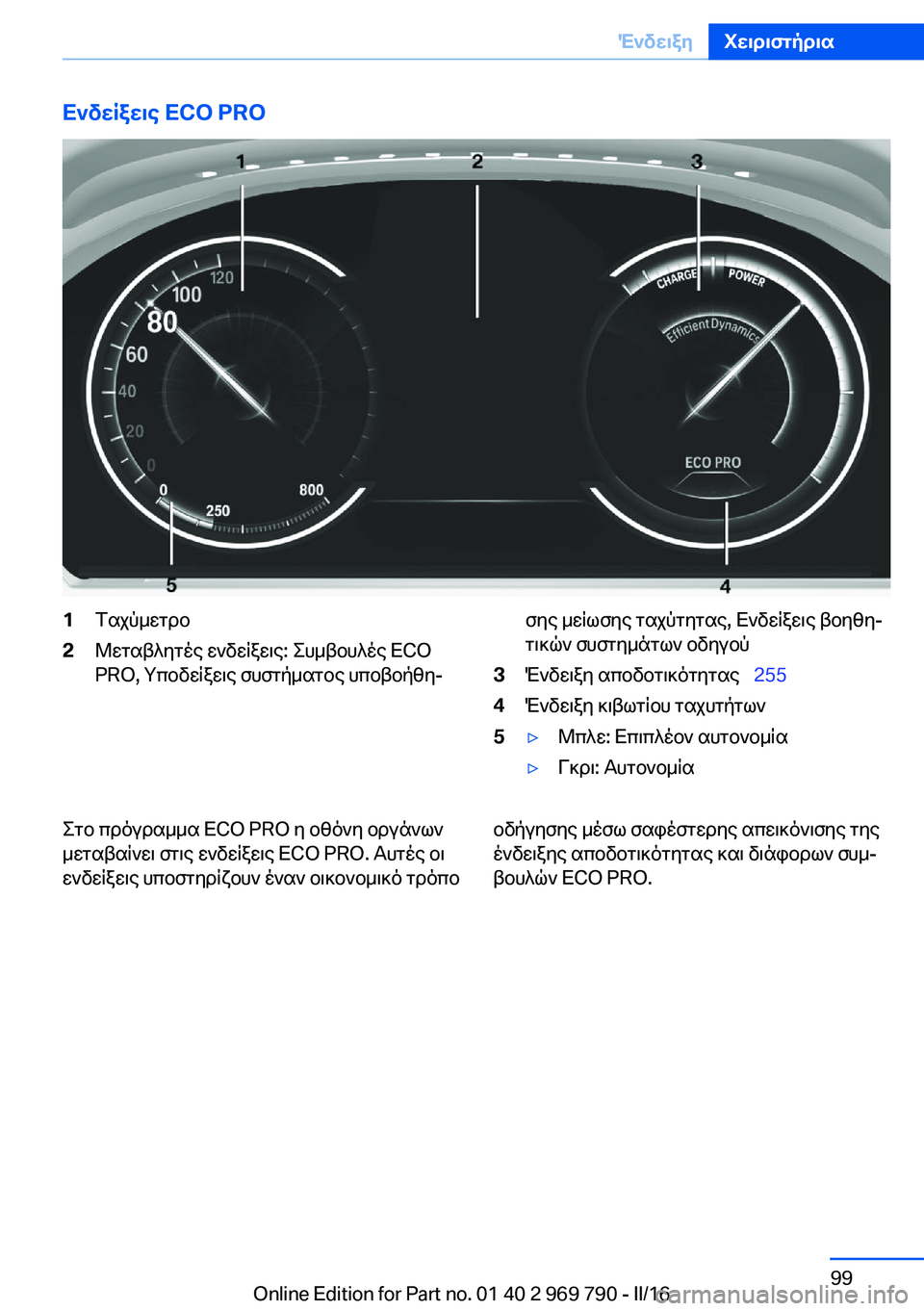 BMW X5 2016  ΟΔΗΓΌΣ ΧΡΉΣΗΣ (in Greek) Ενδείξεις ECO PRO1Ταχύμετρο2Μεταβλητές ενδείξεις: Συμβουλές ECOPRO, Υποδείξεις συστήματος υποβοήθη‐σης μείωσης τ