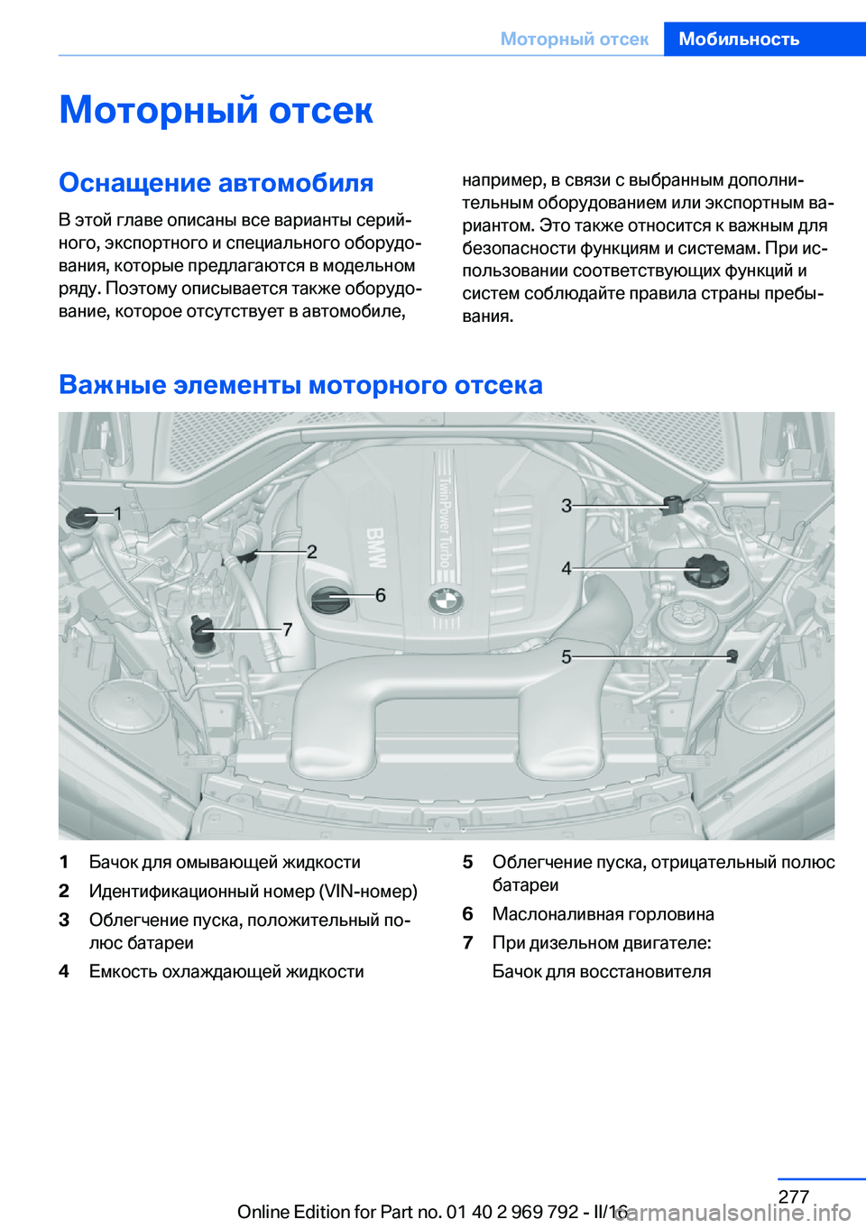 BMW X5 2016  Руково Моторный отсекОснащение автомобиля
В этой главе описаны все варианты серий‐
ного, экспортного и специально