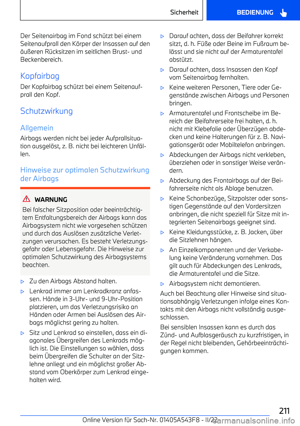 BMW X5 M 2022  Betriebsanleitungen (in German) Der Seitenairbag im Fond sch
